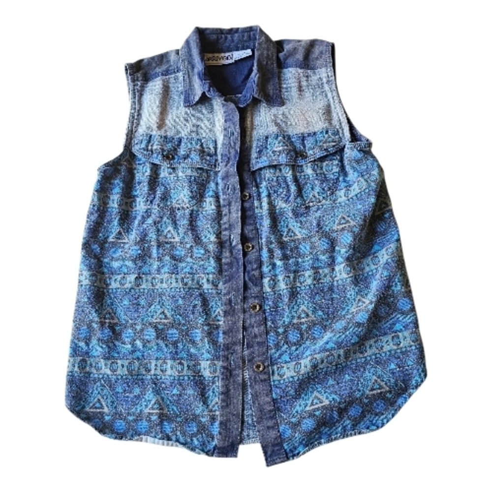 Arrived Blue Tribal Denim Sleeveless Button Up Shirt Medium Grunge Boho Festival
